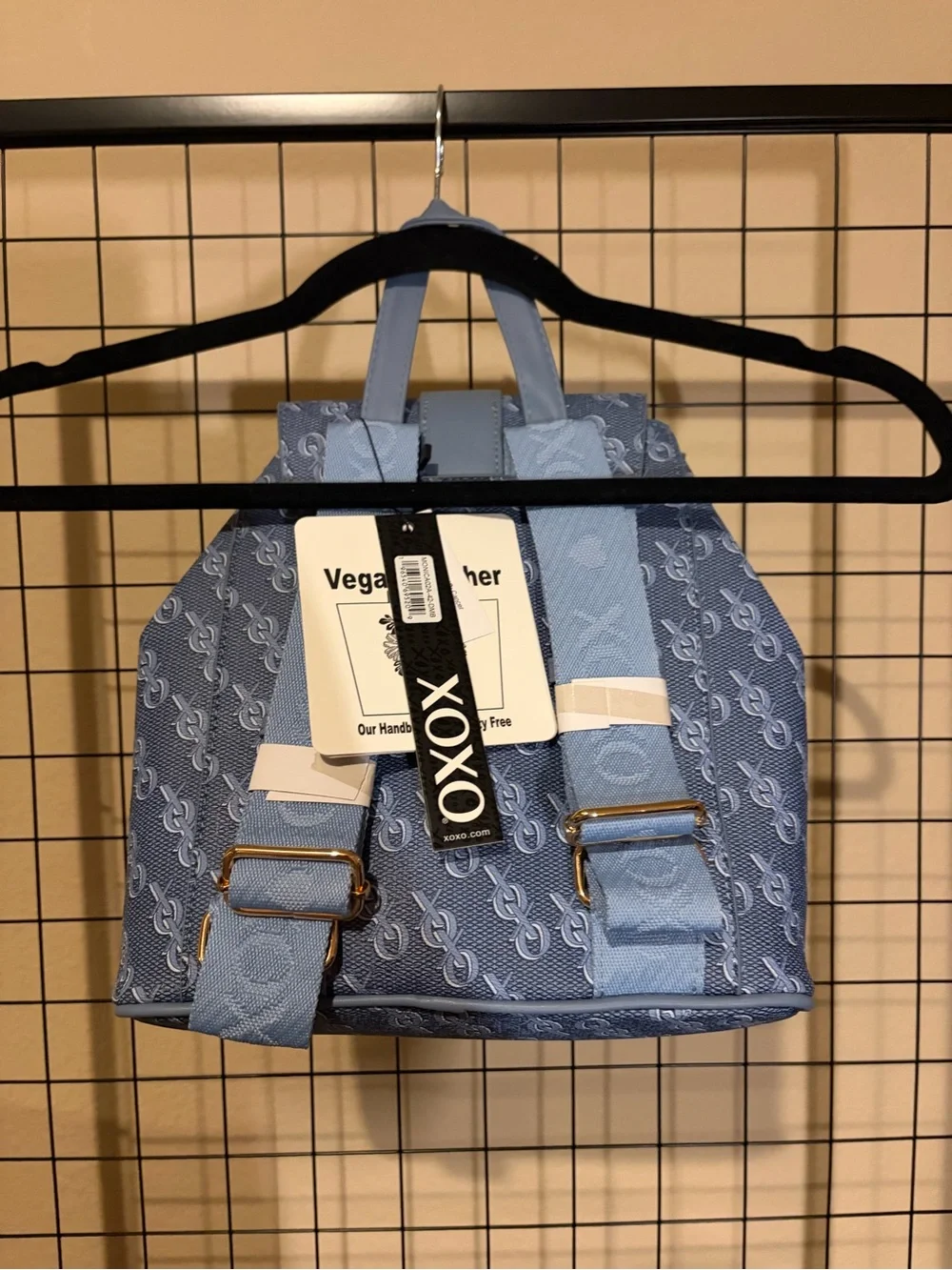 XOXO Vegan Leather Blue Monogram Drawstring Backpack